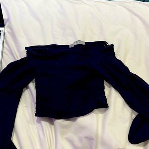 Blue ribbed off the shoulder top with flare sleeves